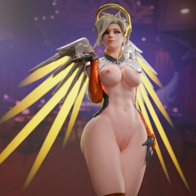 overwatch, mercy, lunchbox 3d, abs, large breasts, solo, stomach, thick thighs, 3d