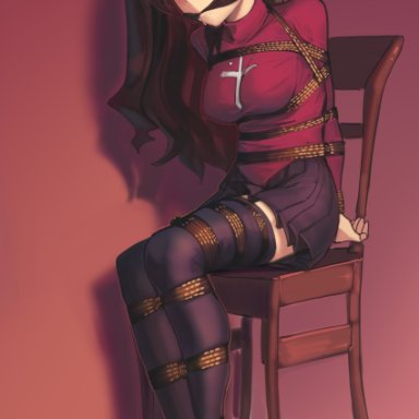 fate/stay night, fate (series), zettai ryouiki, tohsaka rin, kaddo, black hair, black legwear, black skirt, blue eyes, bondage, bound, chair, cloth gag, female, gag