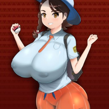 nintendo, pokemon, pokemon sv, female protagonist (pokemon sv), hohoro, 1girls, big breasts, braided hair, breasts, brown hair, eye contact, female, female focus, female only, hat