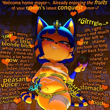 animal crossing, nintendo, ankha (animal crossing), theboogie, after vore, anthro, bandage, belly, belly squeeze, big belly, big breasts, blue eyes, blush, bob cut, breasts