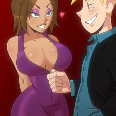 disney, kim possible, bonnie rockwaller, ron stoppable, aeolus06, 1boy, 1girl, blonde hair, breasts, cleavage, dress, flirting, freckles, green eyes, nonude