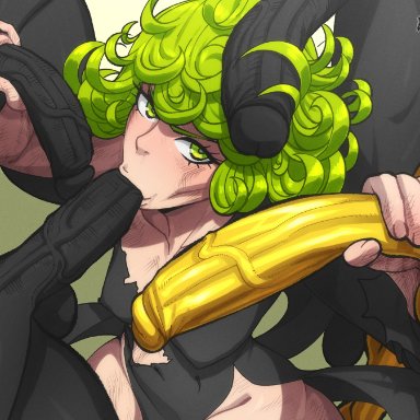 one-punch man, tatsumaki, kameseru, 1girls, 4boys, :&gt;=, apple green, curled hair, dark-skinned male, fellatio, gold skin, green eyes, green hair, hand on penis, humanoid penis