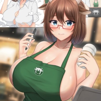 original, starbucks, minori (user eket5233), 1boy, 2girls, apron, bangs, blush, breast expansion, breasts, coffee cup, cow girl, cup, disposable cup, gender transformation