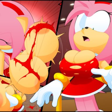 sega, sonic (series), sonic the hedgehog (series), amy rose, slickehedge, accessory, anthro, areola, big breasts, black nose, breast expansion, breast grab, breast squish, breasts, clothed