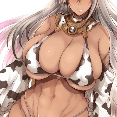 fate/grand order, fate (series), zenobia (fate), tsukasawa takamatsu, 1girls, barely clothed, barely contained, belly button, breasts, brown skin, cleavage, clenched teeth, closed eyes, cow ears, cow print