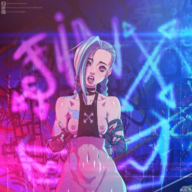 arcane, league of legends, riot games, arcane jinx, jinx (league of legends), amaurymangaka, arm tattoo, blue hair, bottomless, braided hair, braided twintails, chest tattoo, female, nails painted, naughty girl