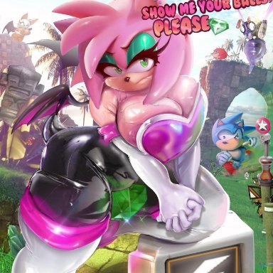 sega, sonic (series), amy rose, amy rose (rouge cosplay), tudduls, alternate breast size, anthro, big ass, big breasts, breasts, cleavage, female, shield monitor, thick thighs, thunder thighs