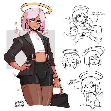 original character, loggus doggus, angel, angel halo, angel wings, anhel (loggus doggus), bob cut, bulge, crossdressing, earrings, femboy, halo, makeup, pink hair, purple eyes