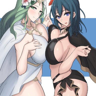 fire emblem, fire emblem: three houses, fire emblem heroes, nintendo, byleth (fire emblem), byleth (fire emblem) (female), rhea (fire emblem), ogura (take-monhan), 2girls, alternate costume, ass, bangs, bare shoulders, bare thighs, big ass