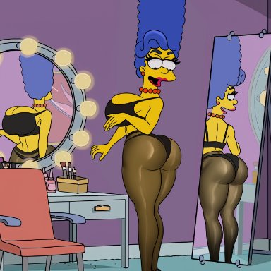 the simpsons, marge simpson, rocner, 1girls, ass, big ass, big breasts, big butt, black bra, black panties, blue hair, bottom heavy, bra, breasts, bubble ass