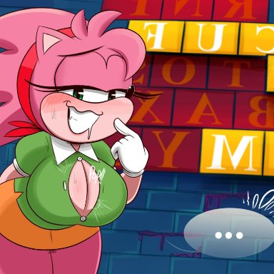 sega, sonic (series), sonic mania, sonic the hedgehog (series), amy rose, classic amy rose, ota (artist), bursting breasts, button pop, drooling, horny, large breasts, pink fur