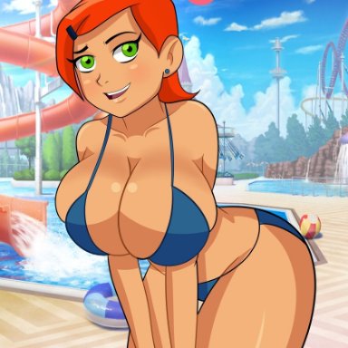 ben 10, cartoon network, gwen tennyson, raydonxd, bare shoulders, big breasts, bikini, blue bikini, blue swimsuit, breasts, cleavage, ear piercing, green eyes, large breasts, looking at viewer