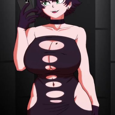 original, alex/tomboy-chan, aestheticc-meme, ludinsketches, 1boy, areolae, big breasts, black hair, breasts, choker, female, gloves, green eyes, huge breasts, nipples