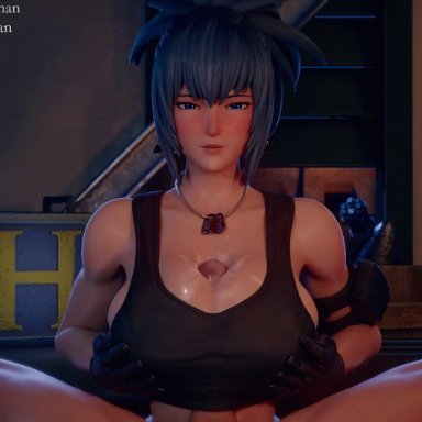 king of fighters, snk, leona heidern, bouquetman, pixiewillow, 1boy, 1girls, blue eyes, blue hair, breasts, clothed paizuri, female, huge breasts, male, male pov