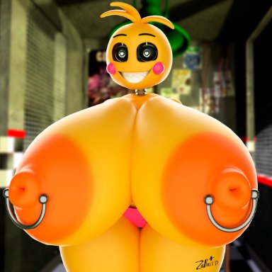 five nights at freddy's, five nights at freddy's 2, scottgames, lovetaste chica, toy chica (fnaf), toy chica (love taste), za barro, animatronic, anthro, areola, avian, big breasts, bird, black sclera, breasts