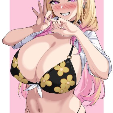 sono bisque doll wa koi wo suru, kitagawa marin, drogod (artist), 1girls, alternate eye color, bikini, black bikini, blonde hair, breasts, cleavage, ear piercing, female, female only, flower pattern, gyaru