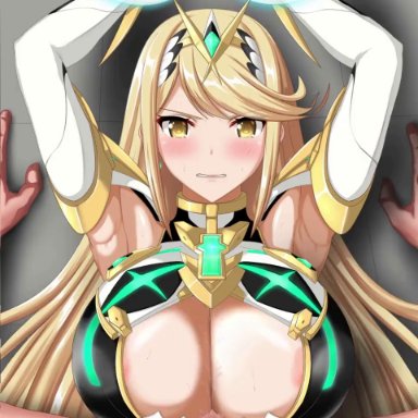 xenoblade (series), xenoblade chronicles 2, mythra, juno (artist), 1boy, 1girls, alternate breast size, angry, angry paizuri, big breasts, big penis, blonde hair, blush, breasts, closed eyes