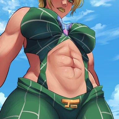 jojo's bizarre adventure, stone ocean, jolyne kujo, keisuke aero, 1girls, abs, background, breasts, clouds, green clothes, green clothing, green eyes, green hair, green lips, green lipstick