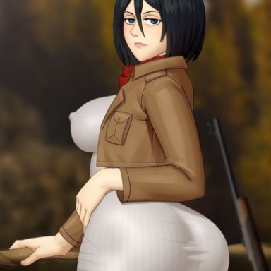 attack on titan, mikasa ackerman, whargleblargle, asian, asian female, ass, big ass, big breasts, black eyes, black hair, breasts, huge ass, looking at viewer, looking back, nipple bulge