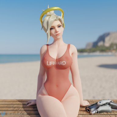 blizzard entertainment, overwatch, angela ziegler, lifeguard mercy, mercy, lunchbox 3d, 1girls, abs, athletic, bench, big breasts, blonde hair, blue eyes, clothed, facing viewer