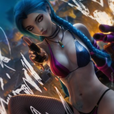 league of legends, riot games, jinx (league of legends), therealzoh, athletic female, bikini, blue hair, braid, braided hair, braided twintails, breasts, human, looking at viewer, necklace, pink eyes