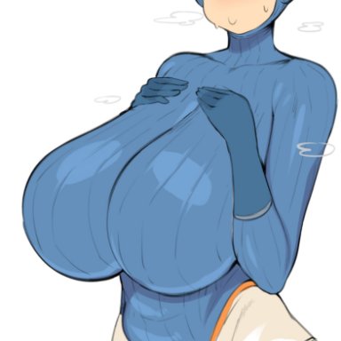 apex legends, wattson (apex legends), cham22, blonde hair, blue eyes, female, gigantic breasts, solo