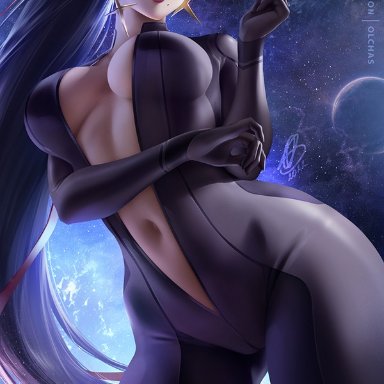 bayonetta, metroid, nintendo, bayonetta (character), samus aran (cosplay), olchas, 1girls, beauty mark, belly button, black bodysuit, black hair, blue eyes, bodysuit, breasts, earrings