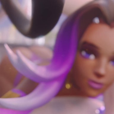 overwatch, sombra, cawneil, 1boy, 1girls, big penis, dark-skinned female, dark skin, fellatio, female, interracial, male, oral, penis, road head