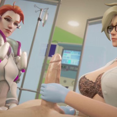 overwatch, mercy, moira, cawneil, 2girls, anal fingering, bra, erection, female, handjob, hospital, male, nurse, nurse uniform, penis