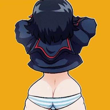 kill la kill, matoi ryuuko, jewry45944553, 1girls, ass, ass cleavage, back turned, big ass, big breasts, big butt, black hair, blue striped panties, blush, blushing, breasts