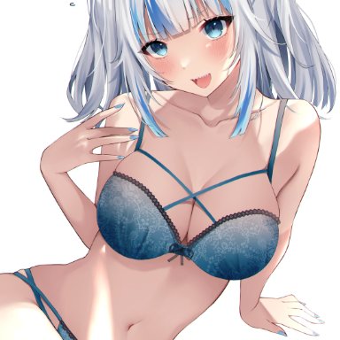 hololive, gawr gura, sosuke (yrmon), aged up, alternate breast size, big breasts, blush, bra, breasts, cleavage, female, female only, looking at viewer, navel, panties