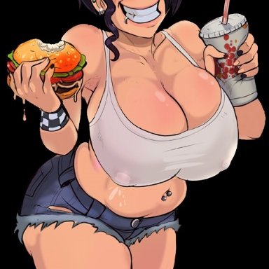 shadman, 1girls, areolae, armpits, belly, belly button piercing, belly piercing, big breasts, black hair, breasts, burger, chubby, chubby female, cleavage, ear piercing