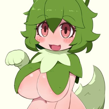 nintendo, pokemon, pokemon sv, sprigatito, makino nono, 1girls, anthro, big breasts, blush, breasts, cat ears, eye contact, female, green hair, huge breasts