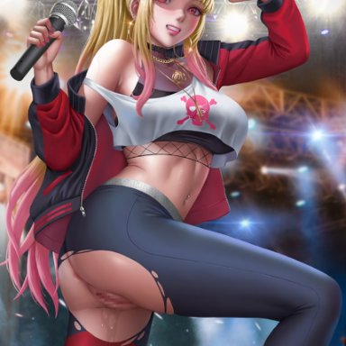 hololive, hololive english, sono bisque doll wa koi wo suru, kitagawa marin, mori calliope, alexander dinh, ass, bangs, barbell piercing, black choker, blonde hair, blunt bangs, blurry, blurry background, breasts