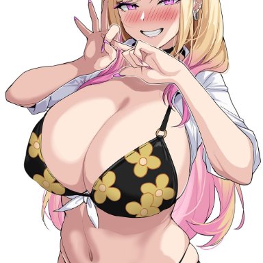 sono bisque doll wa koi wo suru, kitagawa marin, drogod (artist), 1girls, alternate eye color, bikini, black bikini, blonde hair, breasts, cleavage, ear piercing, female, flower pattern, gyaru, huge breasts