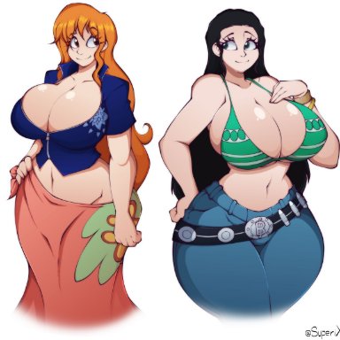 one piece, nami, nico robin, superix, 2girls, big breasts, black hair, breasts, cleavage, curvaceous, curvy, duo, duo focus, female focus, female only