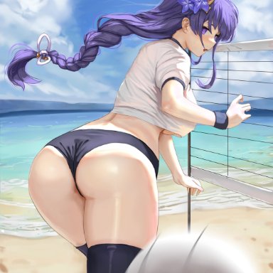 genshin impact, raiden shogun, dolri, ass, beach, braid, breasts, bubble ass, bubble butt, buruma, busty, female, from behind, large breasts, pubic hair