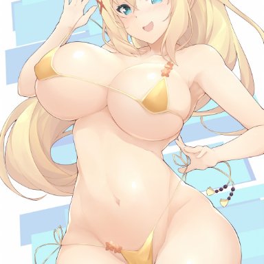 darkness (konosuba), jam pentail, jampen, 1girls, bangs, bare shoulders, bikini, blonde hair, blue eyes, blush, breasts, cleavage, collarbone, covered nipples, female