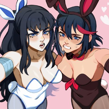 kill la kill, kiryuuin satsuki, matoi ryuuko, porqueloin, 2girls, black hair, blue eyes, blush, bowtie, breasts, bunny ears, bunnysuit, cleavage, clenched teeth, duo