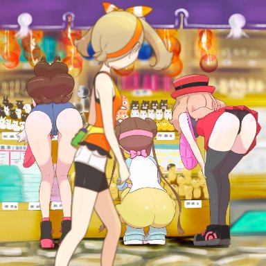 nintendo, pokemon, pokemon bw, pokemon bw2, pokemon rse, pokemon xy, hilda (pokemon), may (pokemon), rosa (pokemon), serena (pokemon), microsd (artist), 4girls, ass, bent over, big ass