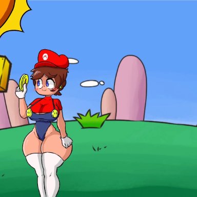 mario (series), bowser, female bowser, mario, k-mac (artist), cartoony, coin, flattened, gameplay mechanics, hammer, laugh, laughing, no panties, shortstack, shortstackification