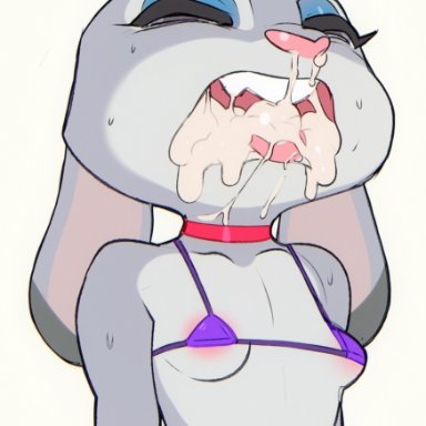 disney, zootopia, judy hopps, doxy, anthro, areola, areola slip, bikini, bikini top, black body, black fur, bodily fluids, breasts, choker, clothed