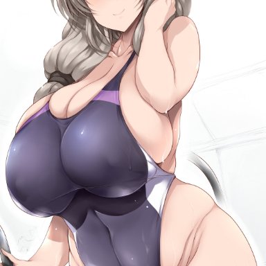 uzaki-chan wa asobitai!, uzaki tsuki, tsukasawa takamatsu, 1girls, blue eyes, breasts, competition swimsuit, female, female only, grey hair, highleg swimsuit, hips, huge breasts, long hair, looking at viewer