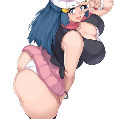 pokemon, dawn (pokemon), cyberboi, 1girls, ass, ass focus, blue eyes, blue hair, breasts, cleavage, clothing, female, huge ass, human, large breasts