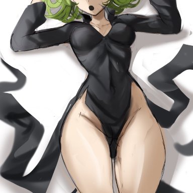 one-punch man, tatsumaki, rakeemspoon, 1girls, bottomless, green eyes, green hair, looking at viewer, open mouth, petite, short hair, simple background, solo, solo female, wide hips