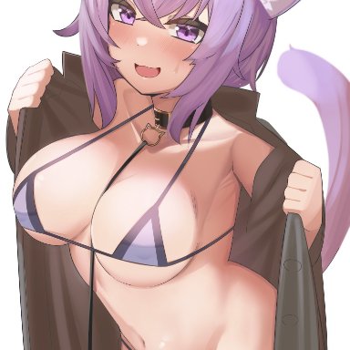 hololive, nekomata okayu, tostos, 1girls, animal ears, bangs, bikini, blush, breasts, cat ears, cat tail, cleavage, coat, collar, exhibitionism