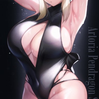 fate/grand order, fate (series), artoria pendragon, saber alter, hirasawa seiji, 1girls, alternate breast size, alternate costume, arms behind head, arms up, black background, black swimsuit, breasts, cleavage, cropped legs