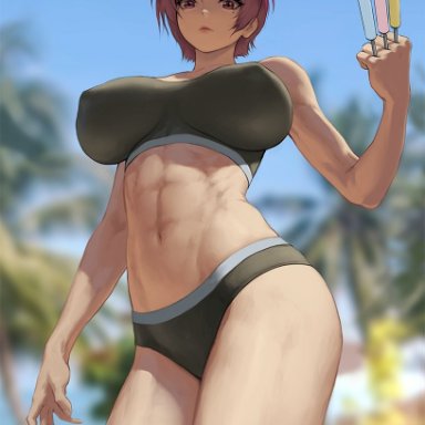 fate/hollow ataraxia, fate (series), bazett fraga mcremitz, infi mt, abs, alternate costume, blue sky, breasts, covered nipples, female, food, large breasts, lipstick, looking at viewer, looking down