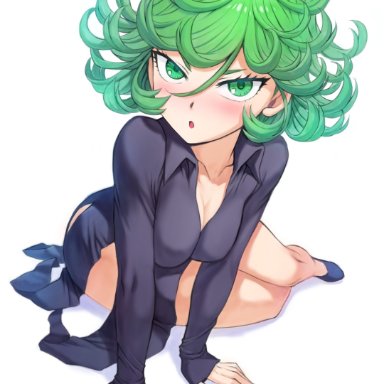 one-punch man, tatsumaki, mogudan, blush, cleavage, clothed female, curly hair, female, female only, green eyes, green hair, leaning forward, looking at viewer, open mouth, seductive