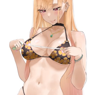 sono bisque doll wa koi wo suru, kitagawa marin, throtem, 1girls, barbell piercing, bare arms, bare shoulders, bikini, black bikini, black choker, blonde hair, blush, breasts, choker, cleavage